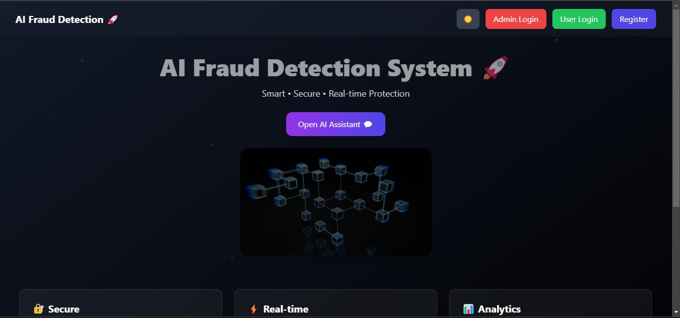 AI Fraud Detection System dashboard showing real-time monitoring and analytics